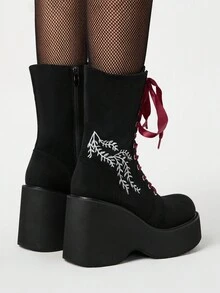 ROMWE Grunge Punk Women's Fashion Solid Color Suede Platform Mid-Calf Boots, Autumn/Winter Punk Gothic Style White Embroidery Pattern Lace-Up Side Zipper Round Toe Elastic Comfortable High Heel Knight Boots - Black - View 5
