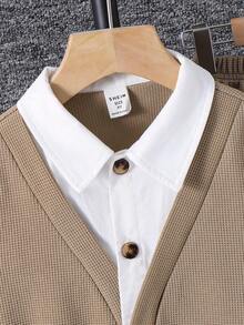 SHEIN 2pcs Toddler Unisex Knit Patchwork Collar Jacket And Pants Set Boys Brown 2 Piece Set Boy Linen Outfit Boy Two Piece Set - Multicolor - View 4