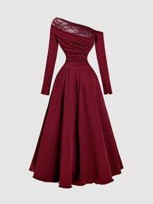 SHEIN MOD Brun spetsklänning med öppna axlar för kvinnor - Bourgogne - Visa 2