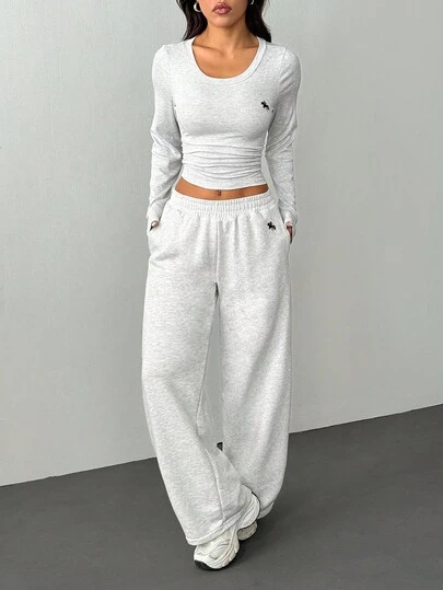 SHEIN PETITE Women's Grey Embroidery Detail Long Sleeve Two Pieces Loungewear Set,Cozy Fall And Winter Clothes For Women,Fall,Fall Clothes For Women