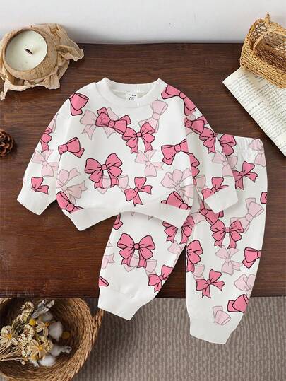 SHEIN 1 Set Baby Girls' Casual Fashion Cute Bow Print Crew Neck Long Sleeve Sweatshirt And Bow Pattern Sweatpants Set, Pink, Suitable For Everyday, Outdoor, Sports, Autumn/Winter Fall