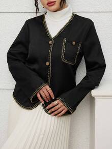 Lacomfia Women's Elegant Commuter Contrast Trim Short Jacket - Black - View 6