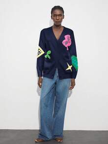 Maija Damski luźny kardigan z dzianiny w kwiaty, wzór jesienny/zimowy, uniwersalny, idealny do miejskich dojazdów, na co dzień, do biura, elegancki na imprezy i spotkania