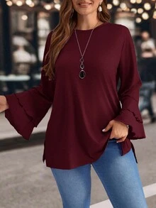 EMERY ROSE Áo thun tay chuông màu tím cỡ lớn cho nữ mùa đông thường ngày xẻ tà bên hông - Đỏ - Xem 5