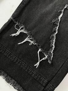 Elamini Women's Patchwork Fringe Wide Leg Loose Casual Denim Pants - Black - View 3