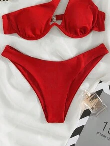 Swim Basics 2026 Spring/Summer Adjustable Shoulder Strap Underwire Padded Back Hook Solid Color High Cut Bottom Red Women's Bikini 2-Piece Set - Red - View 6
