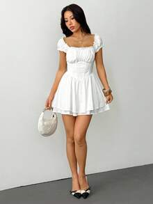 SHEIN PETITE Women'S Solid Color Double Layer Ruffle Hem Dress,Lavender Dress