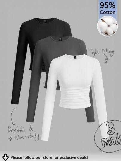 Tseoso Set de 3 camisetas de manga larga de mujer de cuello redondo con pliegues, de unicolor y versátiles, adecuadas para otoño/invierno, dinero viejo, dinero nuevo, ajuste casual, 95% algodón, vintage, softgirl, salida de verano, hogar, vuelta al colegio, tops de algodón de otoño, paquete de 3 tops de manga larga, tops cortos ajustados, tops básicos de mujer