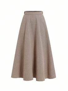 Ellevyn 女士 A 字棕色格子羊毛混纺半身裙，收腰设计，优雅日常通勤之选 - 卡其色 - 查看 3