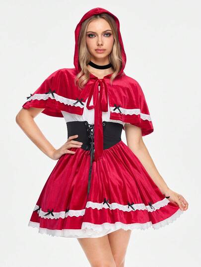 ROMWE Avant Ensemble de 2 pièces pour femme : Cape de Petit Chaperon Rouge pour Cosplay, Robe à épaules dénudées avec patchwork de dentelle et contraste de couleurs