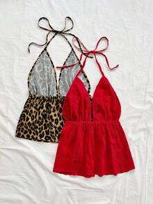 Soleia 2 件套度假性感豹纹露背 V 领绑带无袖纹理面料红色吊带背心，适合节日、约会、下午茶、度假、音乐节、波西米亚风 - 彩色 - 查看 2