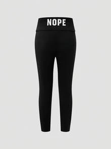 Young Girls Casual Versatile Comfortable Letter & Graphic Print Solid Color Leggings - Black - View 1