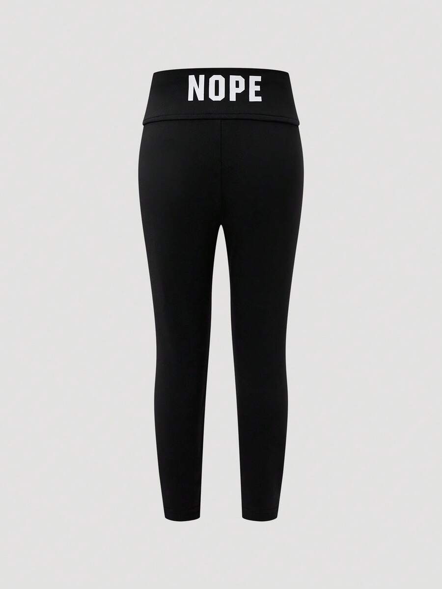 Young Girls Casual Versatile Comfortable Letter & Graphic Print Solid Color Leggings - Black - View 1