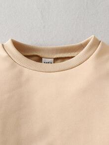 2 件 BASICS 少女休闲百搭舒适宽松圆领长袖运动衫和阔腿针织裤套装 - 杏色 - 查看 4