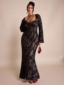 SHEIN BAE Plus Size Women's Black Jacquard Formal Evening Dress,Elegant Autumn Long Sleeve Corset Dress For Party & ,Halloween Birthday Concert Outfits - Black - View 4