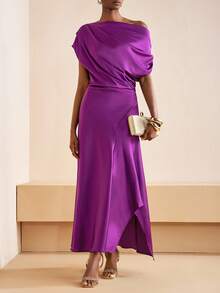 Zivah 2025 Autumn New Music Festival, Easter, St. Patrick's Day, Western, Nomadic, Birthday Party, Graduation, College Style, Student Wear, Daily Casual, All-Match Versatile, Leisure, Vacation, Cruise Travel, Beach, Sunbathing, Viral , Streetwear, Wedding Guest Boho, Commute, Brunch, Airport, Party & Holiday Outfits, Asymmetric Shoulder Long Satin Shiny Purple Dress - Purple - View 3