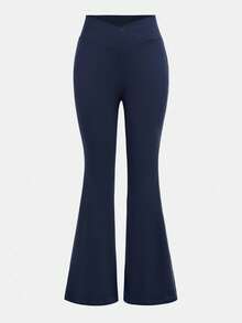 Girlism 2pcs/Set Teen Girls' Basic Mid-Calf Flare Leggings, Black & Navy Blue Waist Criss-Cross Design Skinny Casual Flare Pants Set Bell Bottom Pants Pants Flare Leg Flare Pants Teen Girls Girls Sports Knit Flared Pants Flared Leggings - Navy Blue - View 7