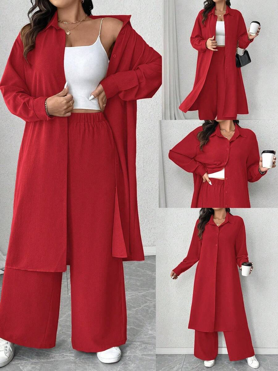 Elenzga 加大码褶皱纹理面料领长袖长衬衫和宽松直筒裤休闲装，2 件套 - 紅色 - 查看 1