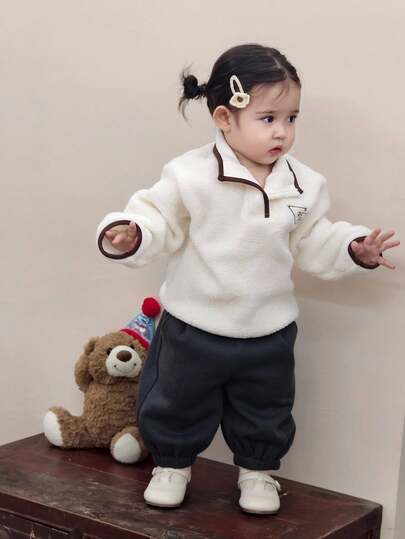 DAZY Toddler Girls' Autumn/Winter Fleece Pullover With Korean Style Embroidery, Casual