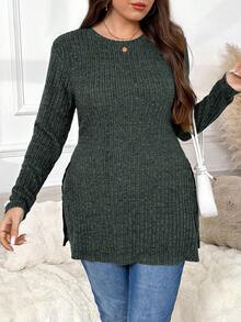 SHEIN Frenchy 大码女式休闲纯色罗纹长袖开衩修身T恤，春秋季 - 綠色 - 查看 4