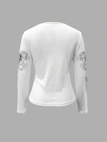 INAWLY 女士休闲十字印花 T 恤，春/秋 - 白色 - 查看 2