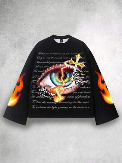 Street Life Men's Digital Print Flame Eye Oversized T-Shirt