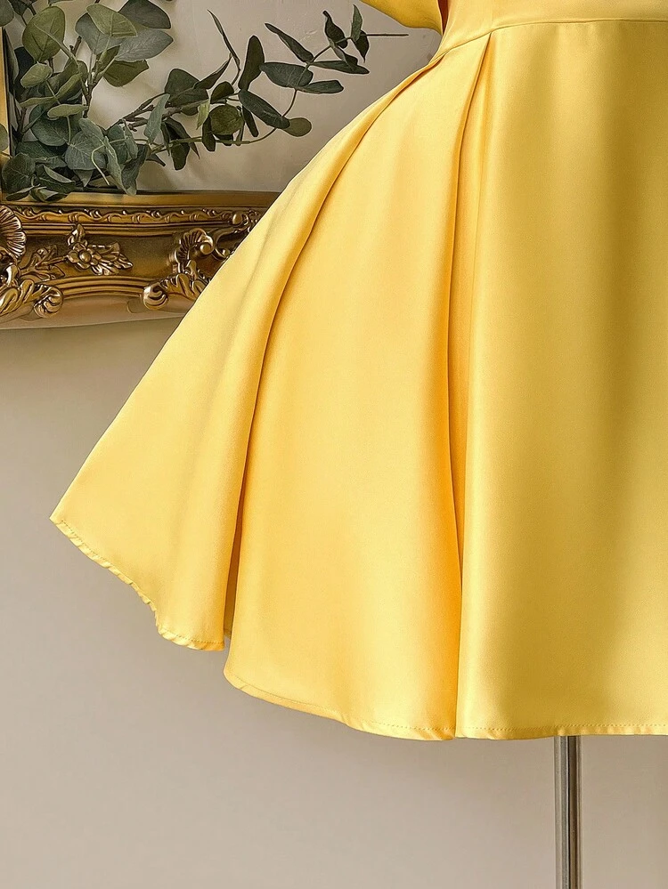 formal short yellow dress Yellow v neck satin short prom dress, yellow homecoming dress – shdress