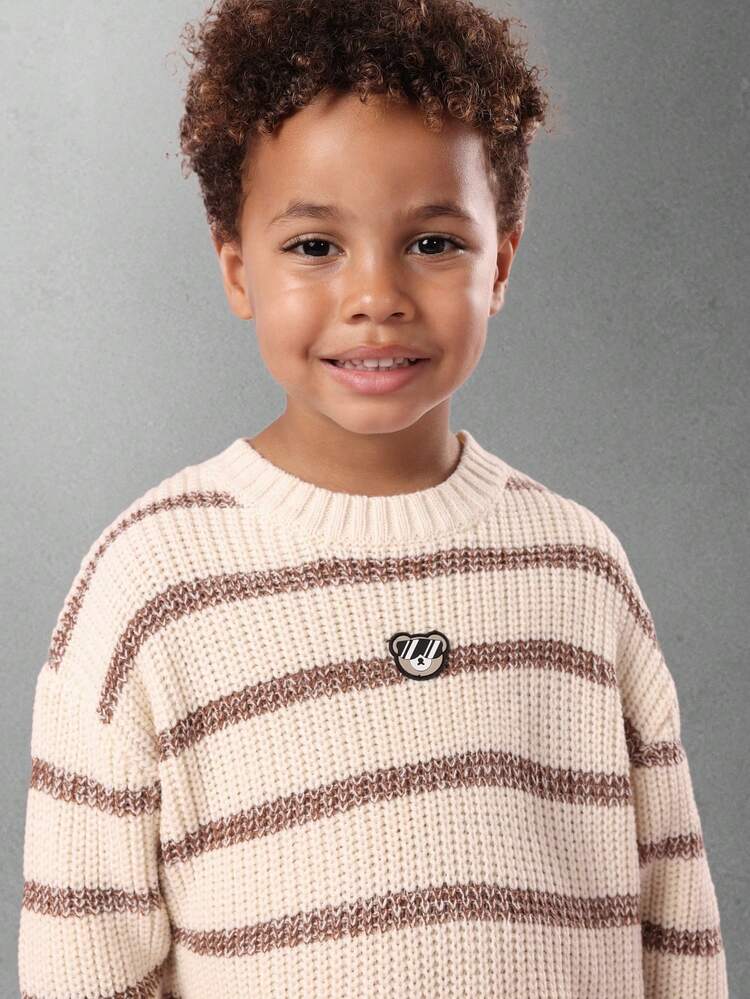 Striped Knit Sweater With Badge Detail And Ribbed Texture