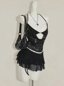 SHEIN ICON Glittery Mesh Sheer Beaded Decor 2 In 1 Women Tank Top