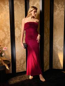 MOTF PREMIUM WOMEN CONTRAST FAUX FUR VELVET STRAPLESS DRESS, AUTUMN/WINTER - Burgundy - View 5