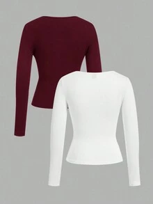 SHEIN EZwear Bộ 2 áo thun nữ cổ vuông tay dài ôm vừa vặn, màu đỏ tía và trắng, thích hợp mặc vào mùa thu/đông - Nhiều màu - Xem 2
