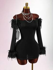 Y2K Amplova BLACK Christmas New Year Thanksgiving Party Women's Solid BLACK Color Faux Fur Off Shoulder Long Sleeve Fitted Fashionable Mini Dress