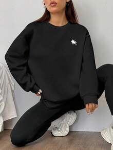 SHEIN EZwear Bộ 2 áo nỉ cổ tròn rộng rãi họa tiết ngựa màu đen và quần legging bó, thích hợp cho mùa thu/đông - màu đen - Xem 3