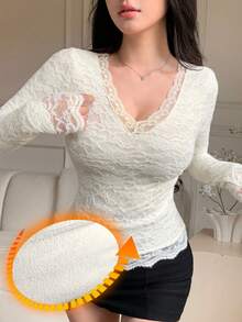 DAZY Sexy V-Neck Hollow Out Long Sleeve Lace Blouse, Slim Fit Undershirt For Women, Autumn/Winter - Apricot - View 1