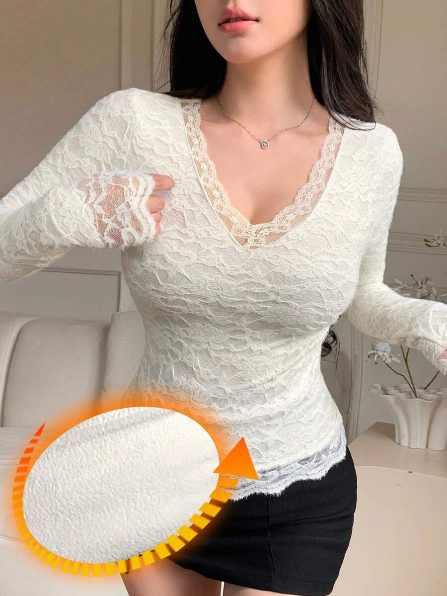 DAZY Sexy V-Neck Hollow Out Long Sleeve Lace Blouse, Slim Fit Undershirt For Women, Autumn/Winter - Apricot - View 1