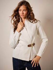 COSMINA 女式秋季扭纹长袖腰部纽扣设计休闲针织开衫 - 白色 - 查看 4