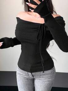 DAZY Women's Lace-Up Off Shoulder Fitted Long Sleeve Elegant Knit Sweater, Autumn/Winter