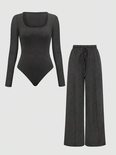 Zielony 2pcs Set: Solid Color Asymmetric Hem Top And Pants