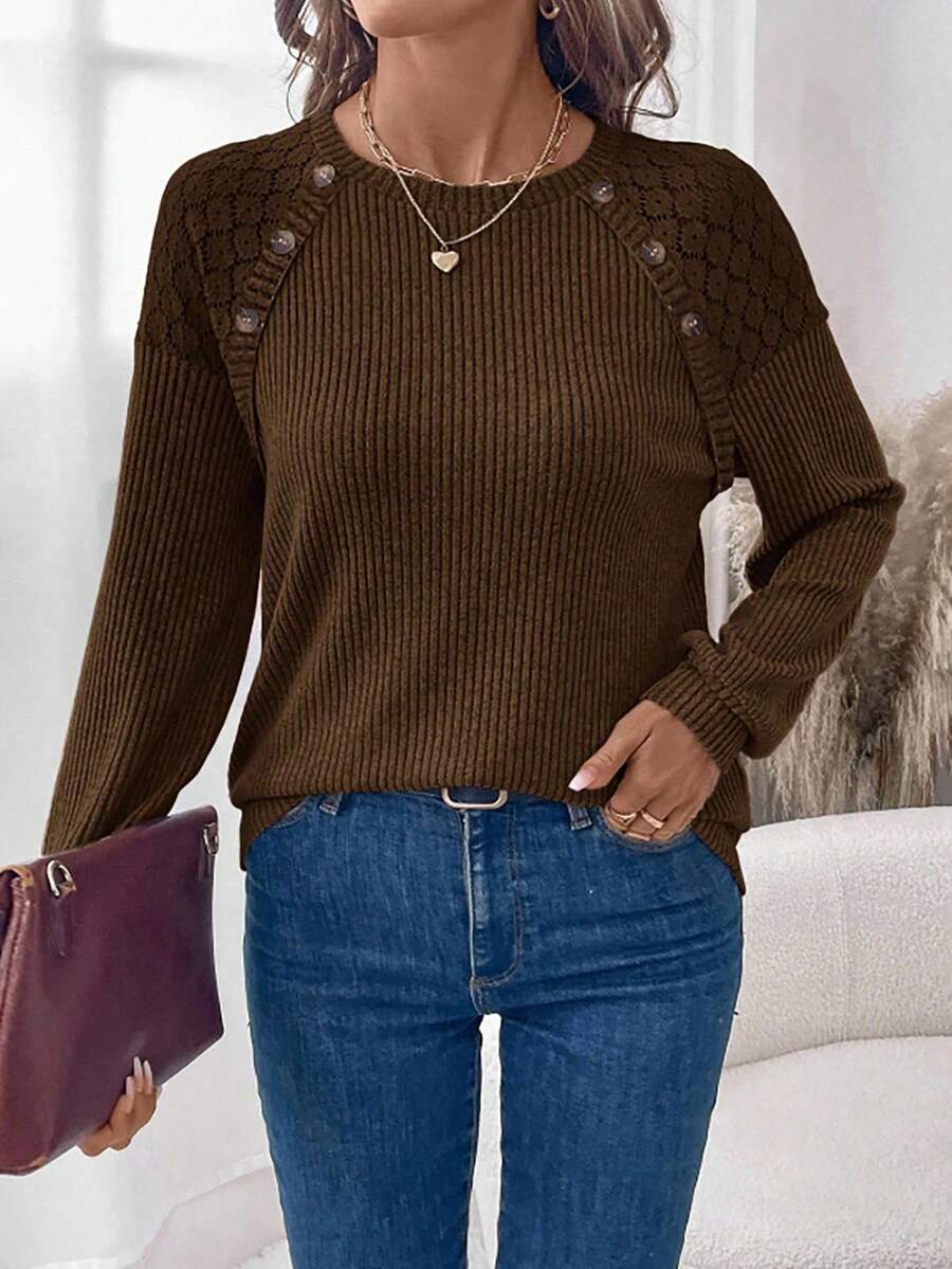 SHEIN LUNE Women's Crew Neck Lace Patchwork Decor Button Waffle Texture Casual Long Sleeve T-Shirt - Coffee Brown - View 1