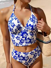 Swim Vcay Random Printed Tankini Swimwear Set For Summer Beach Vacation - Blue and White - View 3