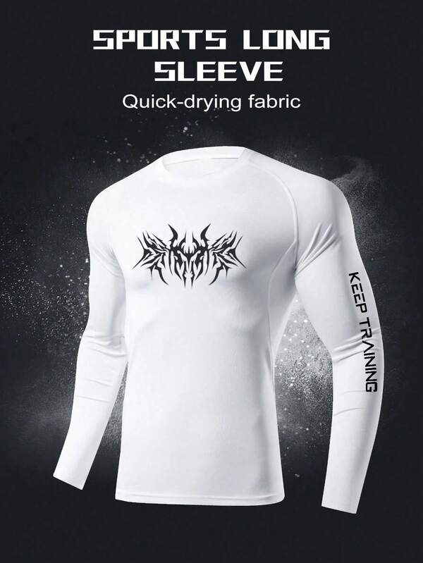Manfinity Sport Corelite 男式字母印花插肩长袖透气运动T恤，白色