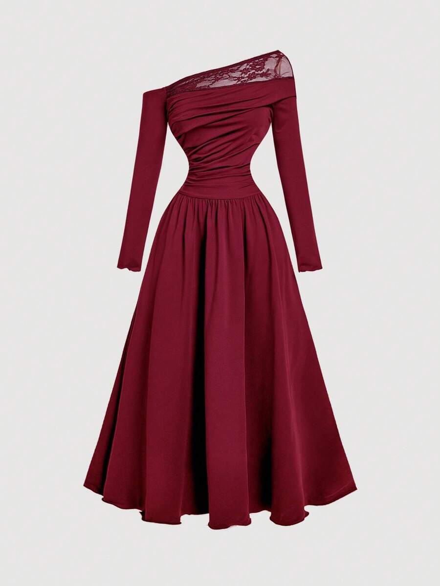 SHEIN MOD Brun spetsklänning med öppna axlar för kvinnor - Bourgogne - Visa 1