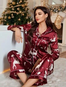 LuxeNights 圣诞元素印花仿丝披肩领女士睡衣套装，秋季服装 - 紅色 - 查看 5