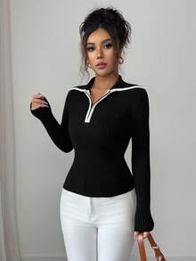 Elenzga Women's Elegant Fitted Zip-Up Contrast Color Collar Long Sleeve Sweater, Autumn/Winter - Black and White - View 3