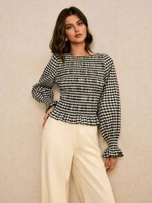Poéselle 黑白格子褶皱设计修身长袖女式上衣 - 黑與白 - 查看 7