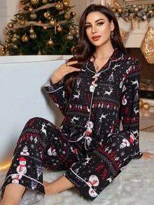 LuxeNights Chillnights 女士圣诞翻领长袖睡衣套装，秋冬服装 - 黑色 - 查看 4