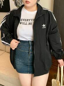 Dazy Plus Plus Size Contrast Color Patchwork Ribbon Pattern Embroidery Loose Casual Jacket, Spring/Summer/Autumn Women Coats - Black - View 1