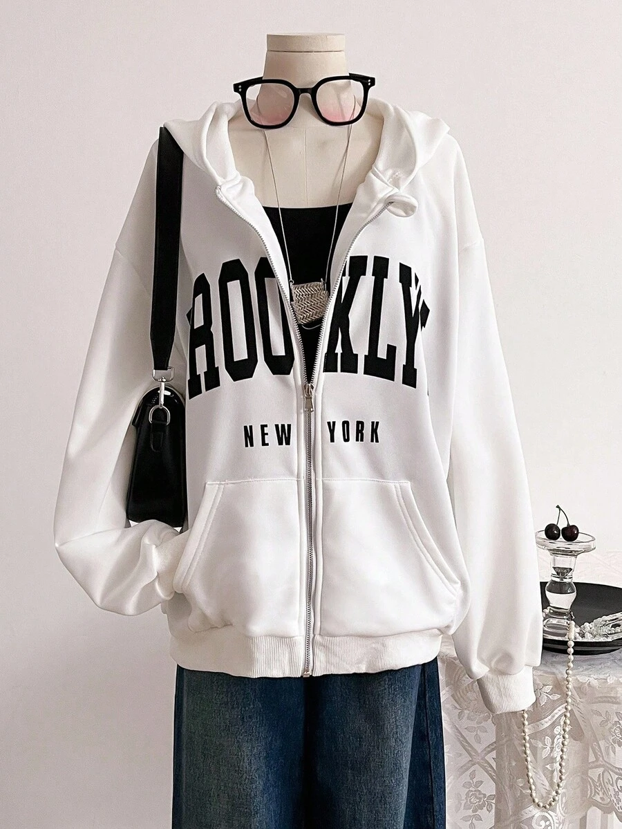 1 件青少年女孩休闲字母印花口袋拉链连帽夹克，简约街头风格运动衫，秋冬必备 - 白色 - 查看 1