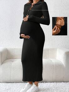 SHEIN Maternity Front Button Up Solid Color Casual Long Sleeve Sweater, For Winter