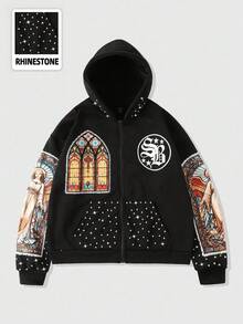 ROMWE MEN Street Life Men's Sparkling Diamond Print Religious Sweatshirt, Loose Cropped Style, For Fall - Black - View 1